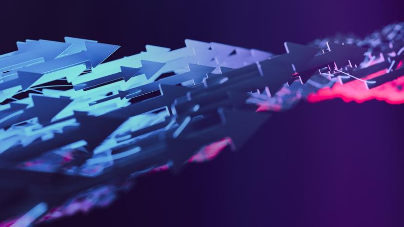 Abstract image of numerous blue arrows pointing right against a dark purple background, with a red light streak on the right.