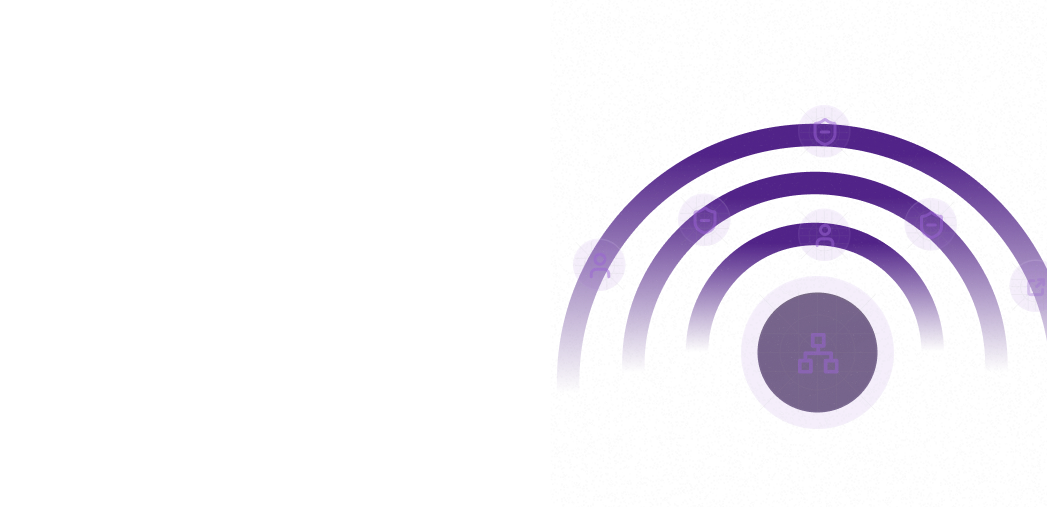Abstract design with purple arches and circular icons on a black speckled background, featuring network and user symbols.