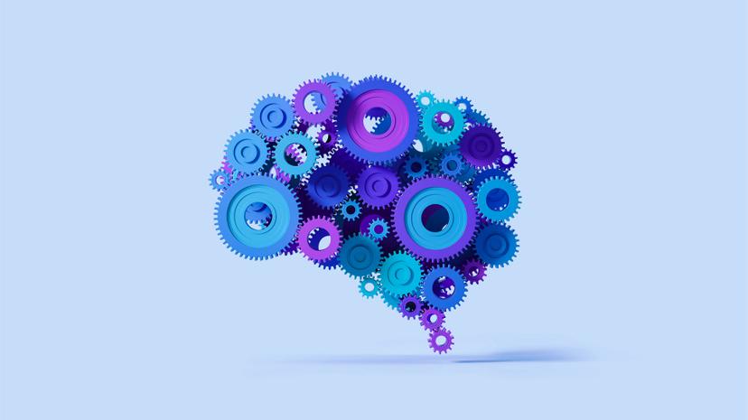 A blue and purple brain shape made of interlocking gears, symbolizing the concept of mental processes and mechanical thinking, on a light blue background.