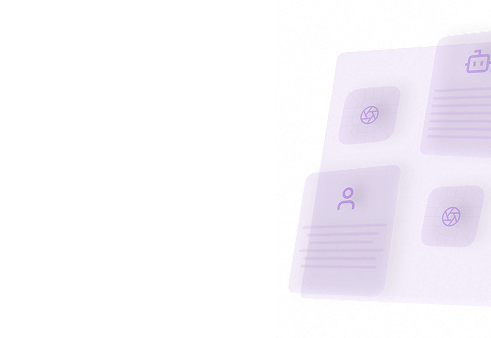 Purple digital interface with four translucent icons on a speckled black background, featuring abstract symbols and lines.