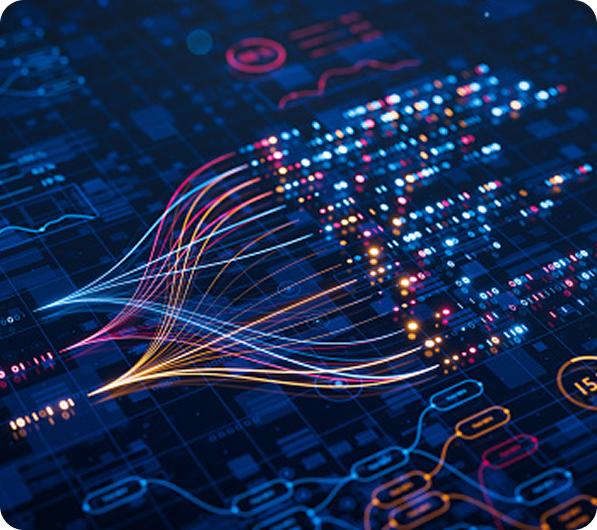 Abstract visualization of data flow with colorful lines and glowing nodes on a dark digital background, representing technology and networking.