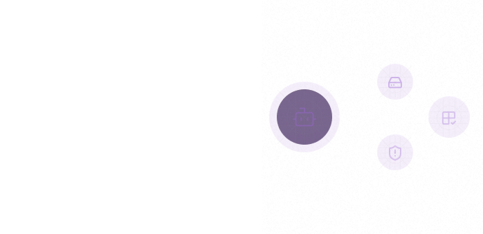 A black background with a central purple circle containing a robot icon, connected to three smaller purple circles on the right.