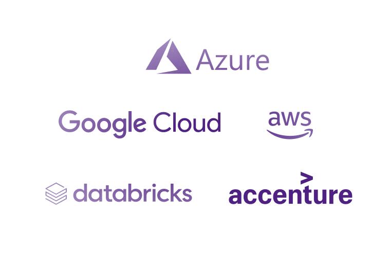 Logos of Azure, Google Cloud, AWS, Databricks, and Accenture on a white background, all in purple.