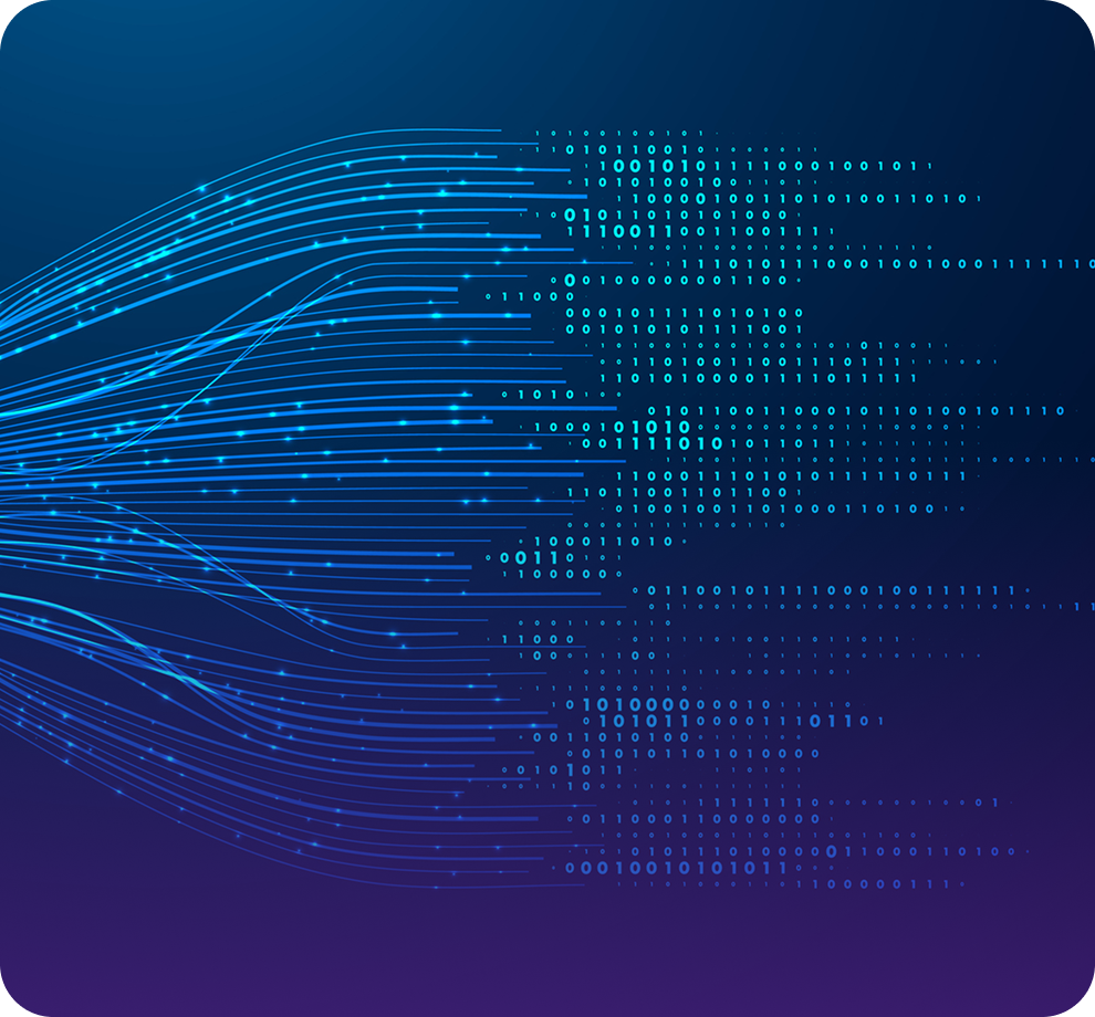Abstract digital illustration with flowing blue lines and binary code on a gradient blue-purple background, suggesting data flow.