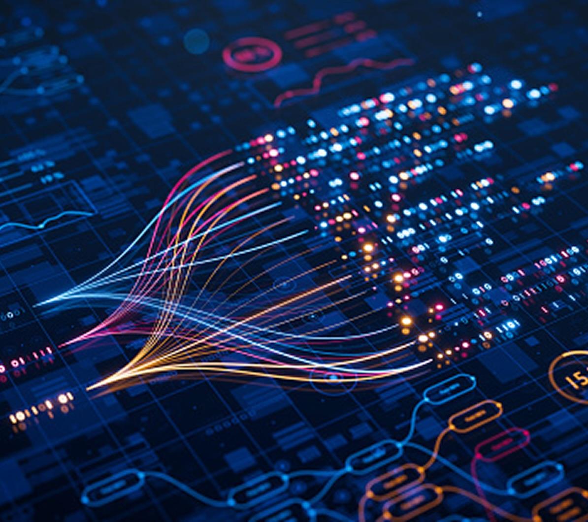 Abstract digital visualization with colorful data flow lines, glowing nodes, and complex graphs over a dark grid background.
