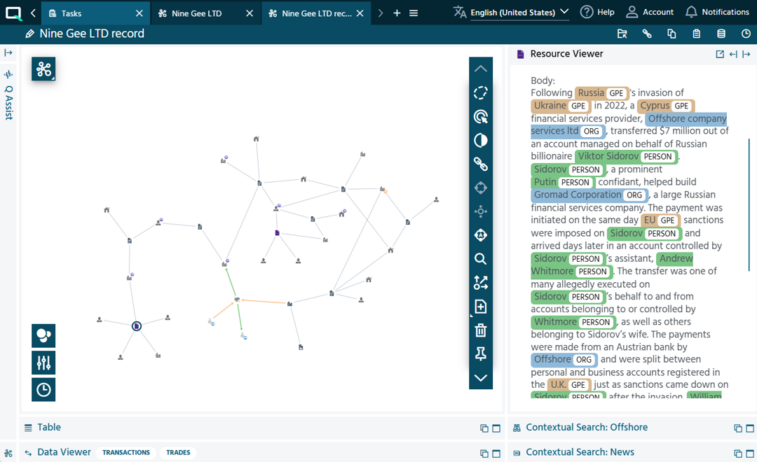 Network graph showing interconnected nodes with highlighted text on the right. The interface includes tabs and a resource viewer panel.