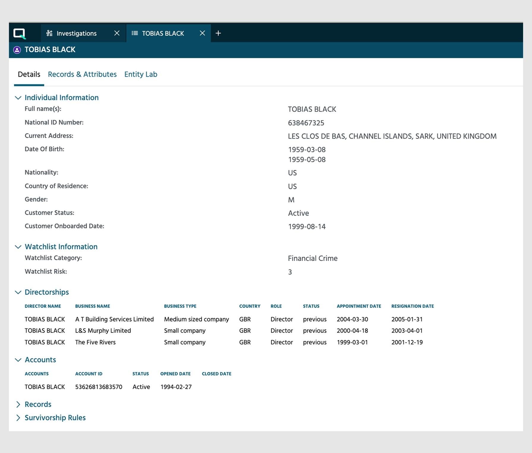 Screenshot of a detailed individual profile displaying personal information, watchlist status, directorships, and survivorship rules.