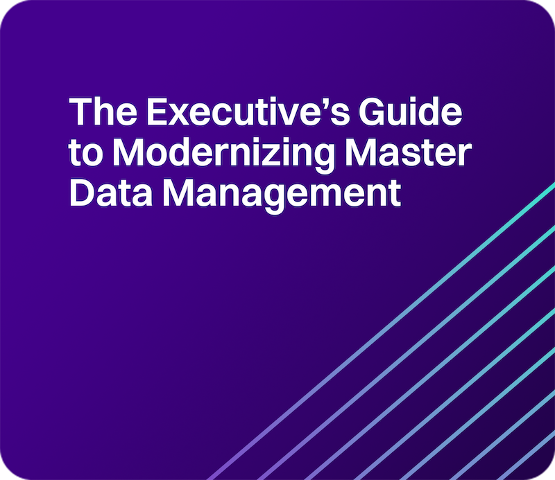 Purple graphic titled "The Executive’s Guide to Modernizing Master Data Management" with diagonal line details.
